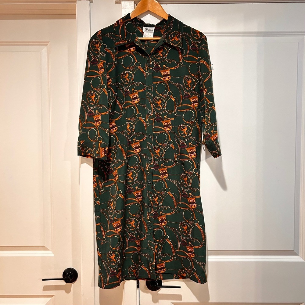 Vintage Darian Green Equestrian Print Shirt Dress Women's 12 Old Money Heritage